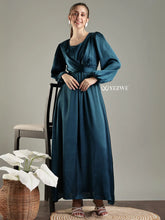 Yezwe Blue Satin Long Flare Gown for Women Party Wear Maxi Dress